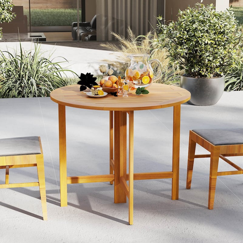 Costway 36" Outdoor Folding Round Dining Table with Slatted Tabletop - Teak - See Details