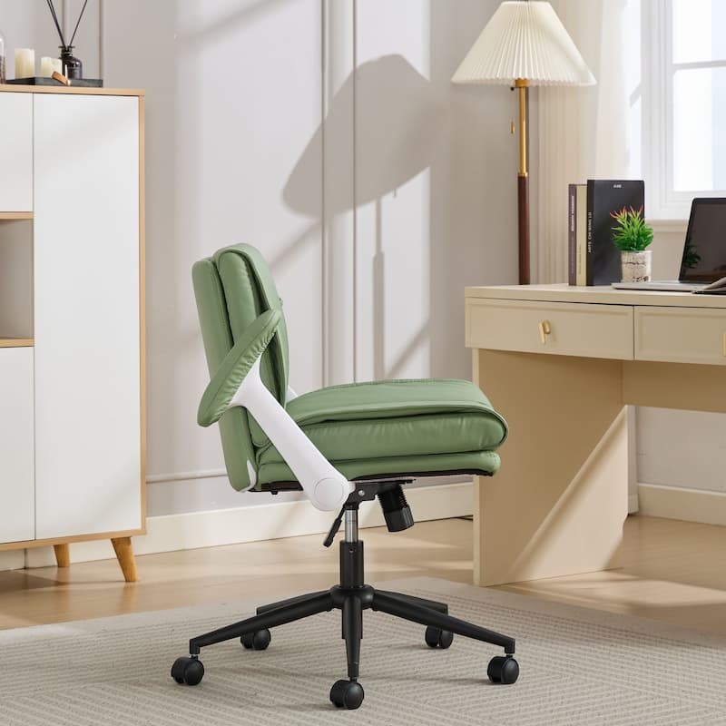 Green Leather Office Chair with Crossed Legs and Flip-Up Armrests