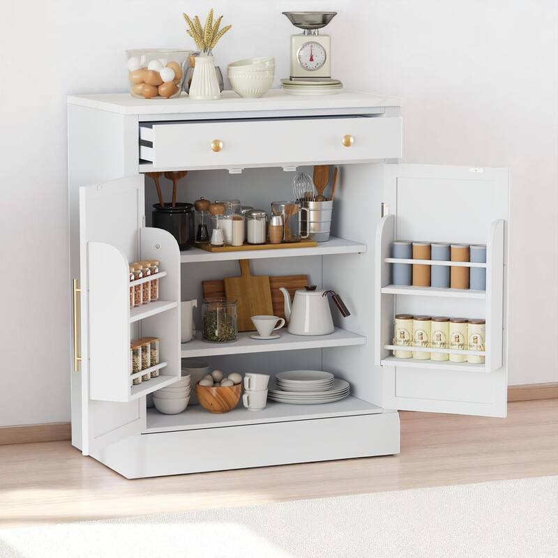 35.4" Freestanding Coffee Bar Cabinet with Drawer, 2 Adjustable Shelves, Faux Marble Countertop, White MDF Pantry - White