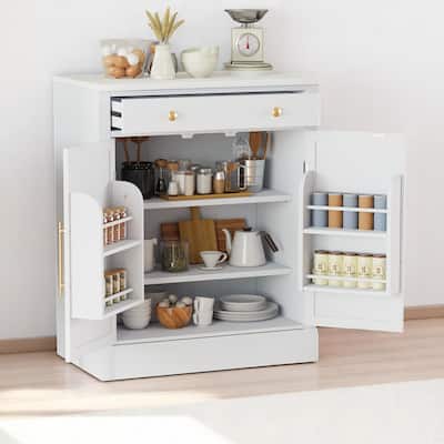 35.4" Freestanding Coffee Bar Cabinet with Drawer, 2 Adjustable Shelves, Faux Marble Countertop, White MDF Pantry