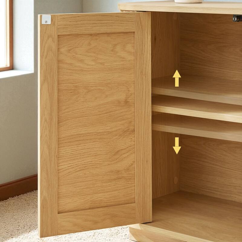 64" Wave Shape TV Stand with Rattan Doors, Modern Sideboard Buffet Storage Cabinet, Natural Wood Console for Entryway