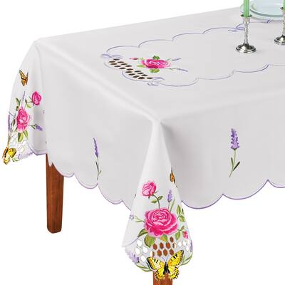 Embroidered Pink Roses & Butterflies Scalloped Tablecloth