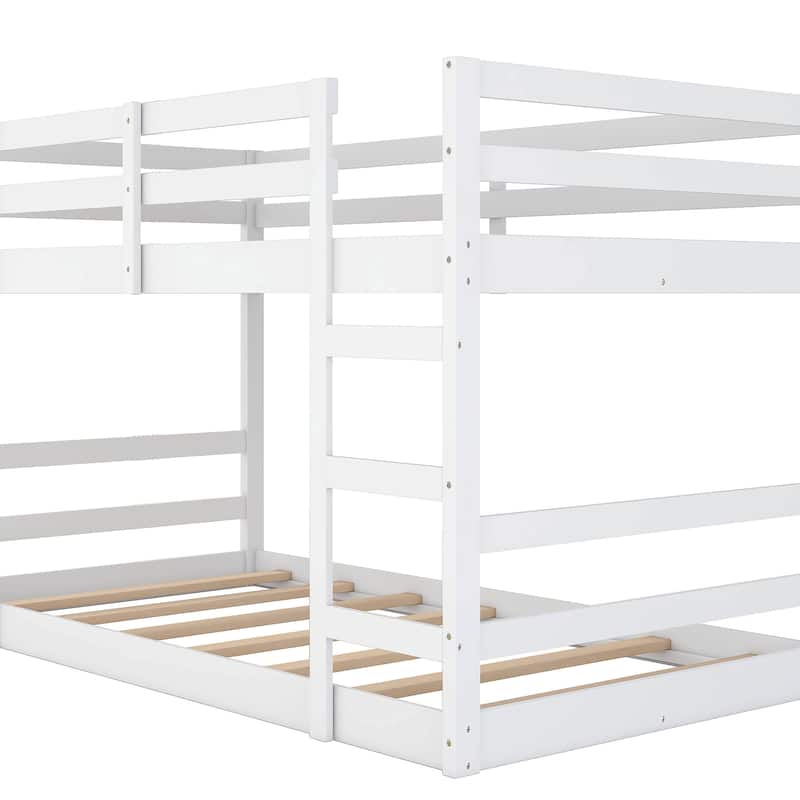 Wood Bunk Bed Kids Low Bunk Bed with Ladder Both Sides and Full-Length Safety Guardrail Solid Pine Wood Frame for Kids Bedroom