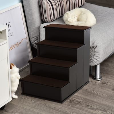 PawHut 4-Step Wooden Pet Stair Pet Steps with Soft Short Plush Cushions on Each Step, Dark Coffee - Brown - 4 Stair