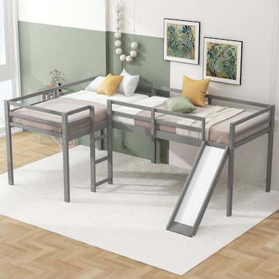 Twin L-Shaped Loft Bed with Slide and Ladder, Space-Saving Corner Design