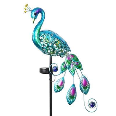 Exhart Solar Blue Metal and Glass Peacock Garden Stake, 4.5 x 16 x 45.5 Inches