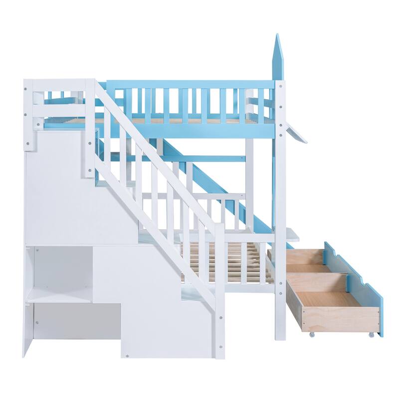 Full-Over-Full Castle Style Bunk Bed with 2 Drawers, 3 Shelves, and Slide - Blue