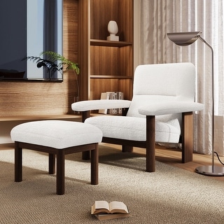 Roomfitters Mid-Century Accent Chair with Ottoman, Fabric Upholstered Armchair and Footrest Set with Wood Frame, White