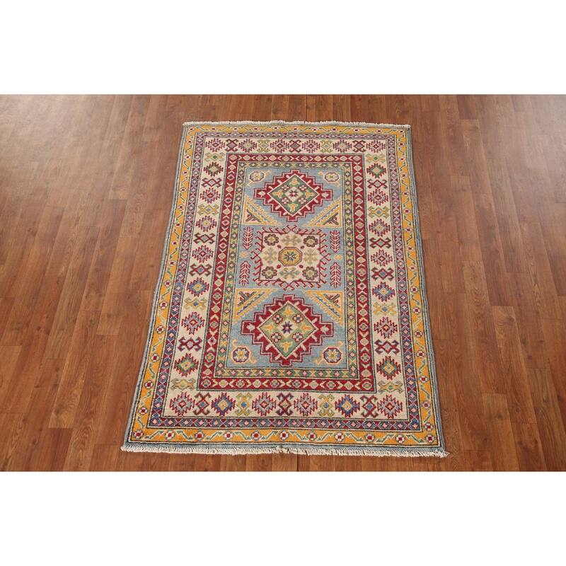 Geometric Kazak Oriental Accent Rug Hand-Knotted Wool Carpet - 3'5"x 5'0"