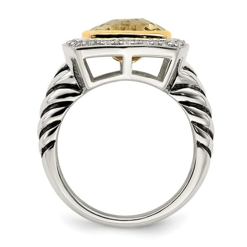Curata 925 Sterling Silver Polished Open back 14k Diamond Lemon Quartz Ring