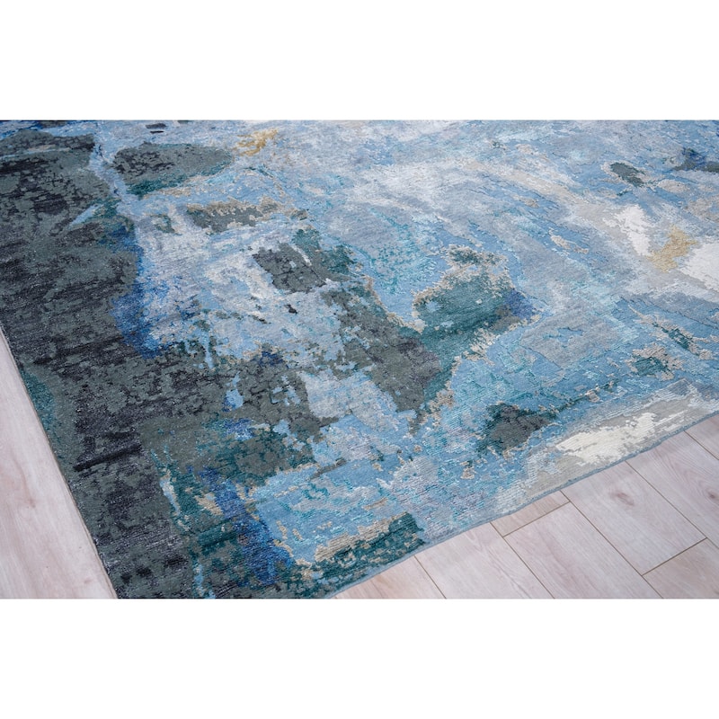 Exquisite Rugs Cosmo Hand-Knotted New Zealand Wool/Bamboo Silk Blue/Silver/Dark Gray Area Rug.