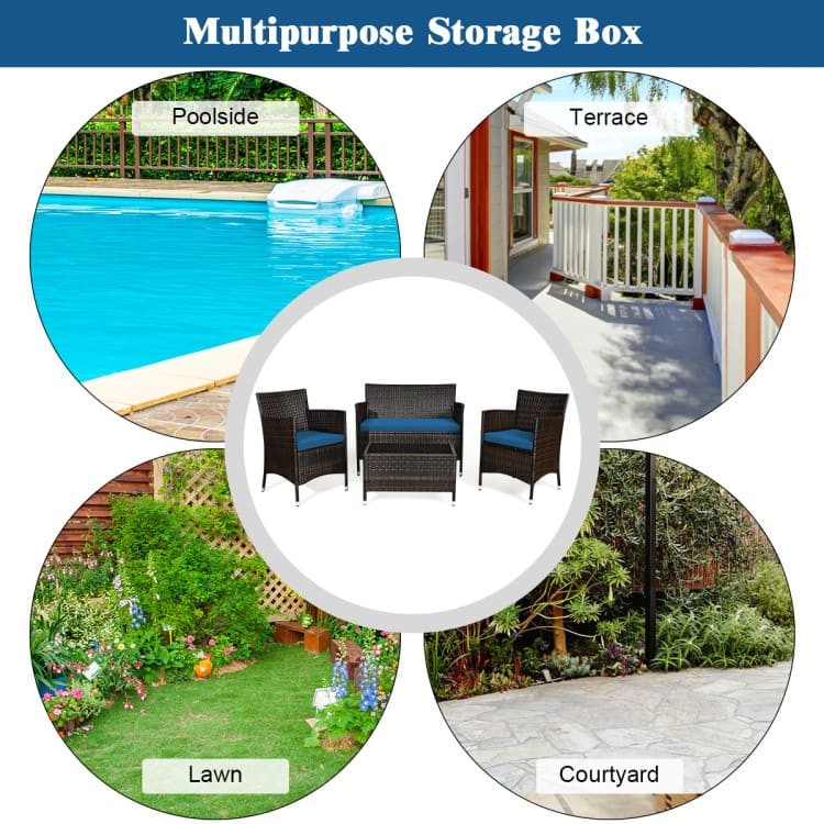 Rattan Patio Conversation Furniture Set with Glass Table and Comfortable Sofa - 4 Pcs