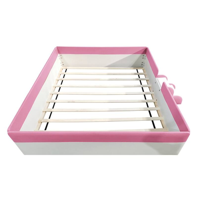 Upholstered Daybed with Fence and Stairs for Kids, Twin/Full/Queen/King Size Floor Montessori Bed with Slats Support
