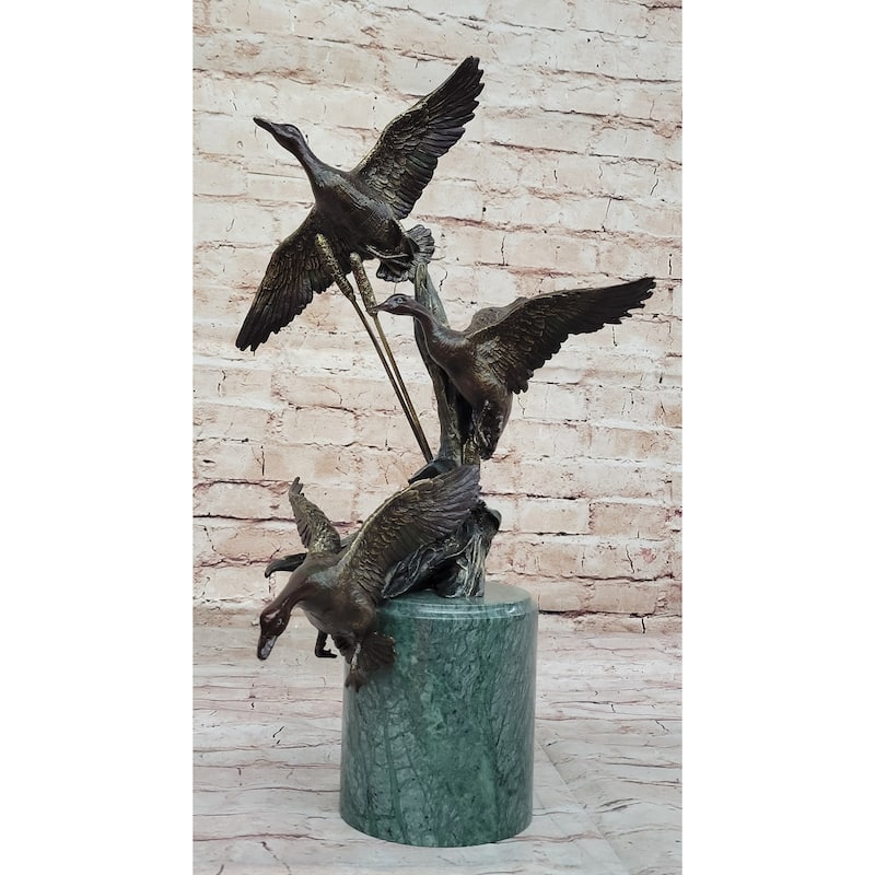 Three Ducks Geese Water Birds In Flight Among The Reeds Bronze Sculpture On Marble Base