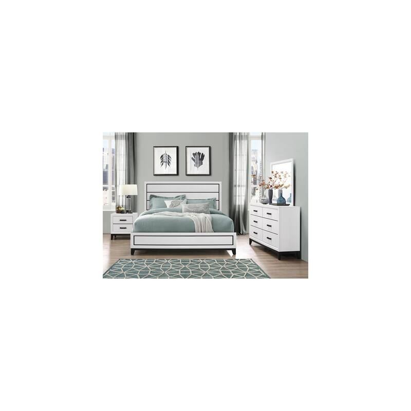 King Size Bed White Veneer Platform Bed with Black Hardware, 4 Slats, Modern Bedroom Furniture