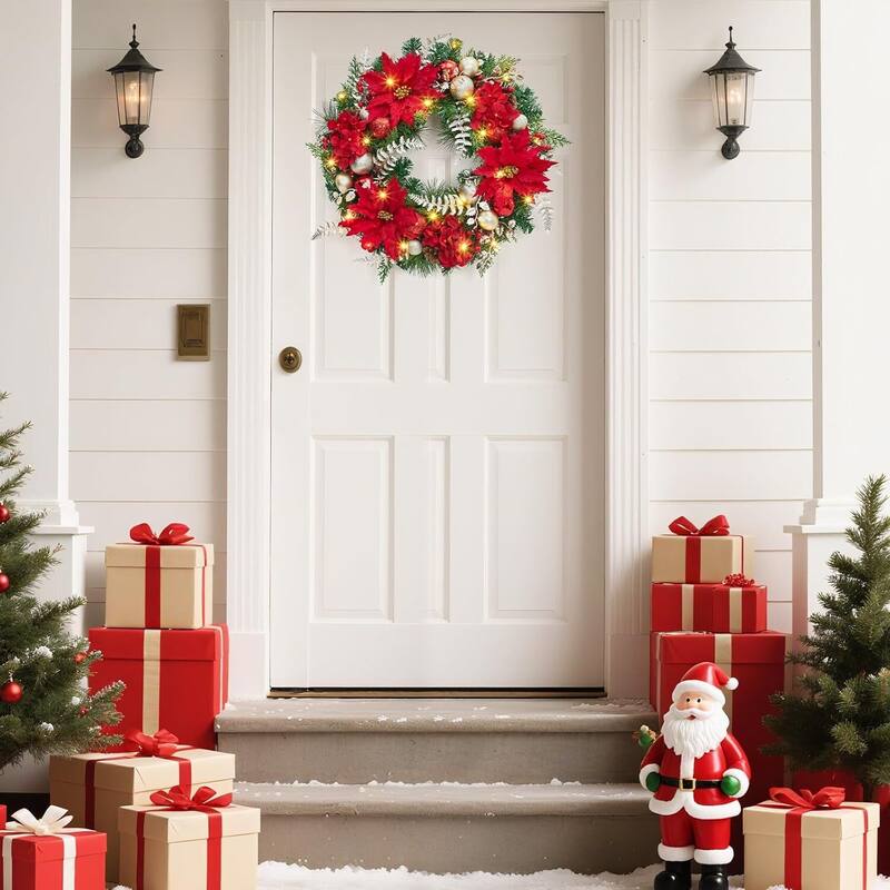 24 Inch Christmas Wreath with Lights Red Berries and Gold Ornaments - N/A