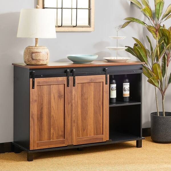 Glitzhome 47.20"L Modern Industrial Wine Cabinet Buffet Sideboard with Sliding Doors - Beige