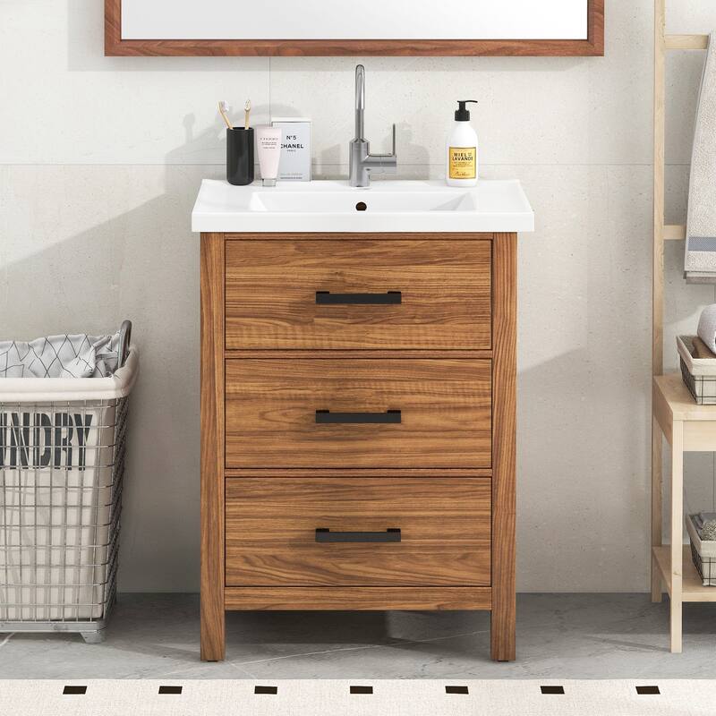 24 Inch MDF Freestanding Bathroom Vanity Set with Integrated Ceramic Sink - 24 inch - 24 inch - Textured - Natural Wood