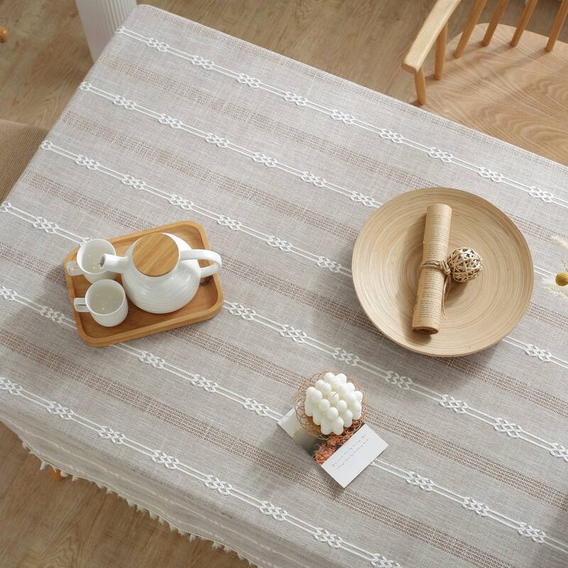 Enova Home High Quality Rectangle Cotton Linen Washable Tablecloth Stripe with Tassel for Home Party Wedding Dining Table