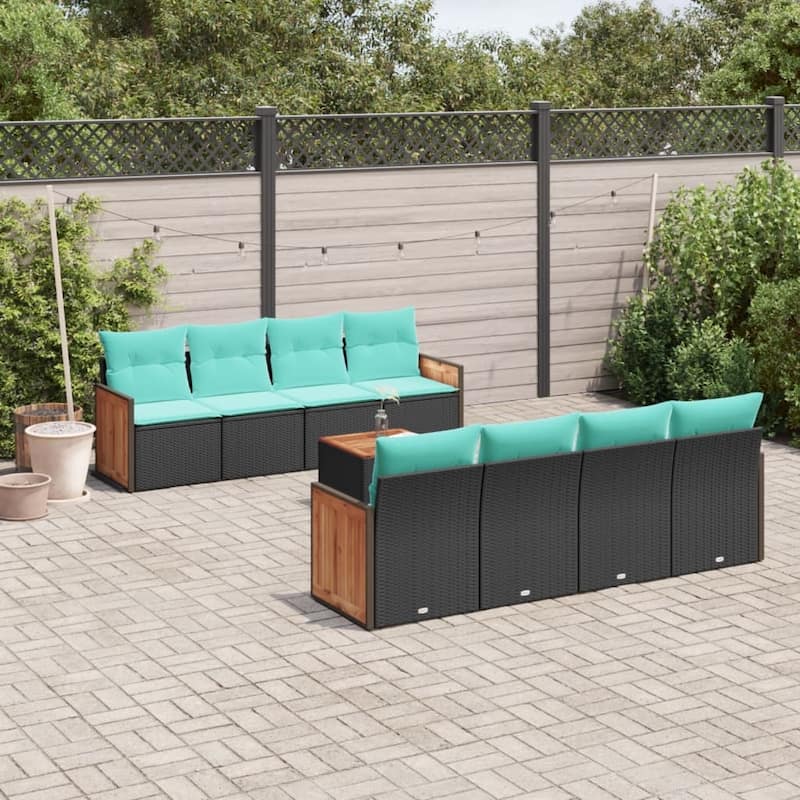 vidaXL 9 Piece Patio Sofa Set with Cushions Black Poly Rattan - 21.7x27.2x24.4