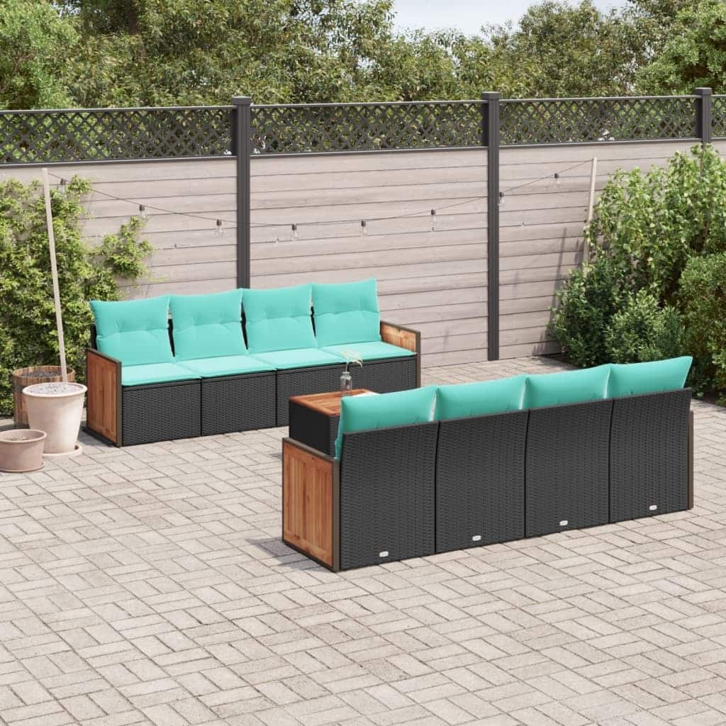 vidaXL 9 Piece Patio Sofa Set with Cushions Black Poly Rattan - 21.7x27.2x24.4