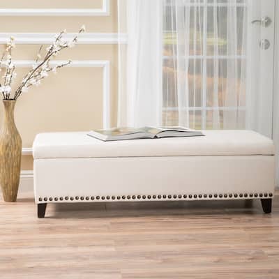 Beige Storage Ottoman with Studded Base and Chain Link Pattern by Christopher Knight Home