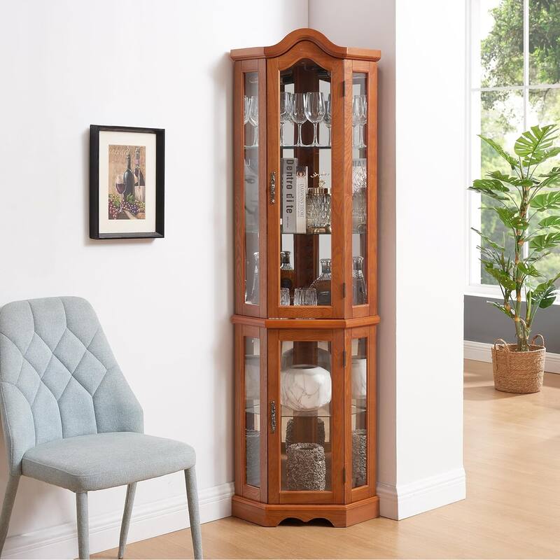 Roomfitters Lighted Glass Display Curio Cabinet with Tempered Glass Doors and Shelves, Crown Corner Cabinet with Bulb, Corner - Oak