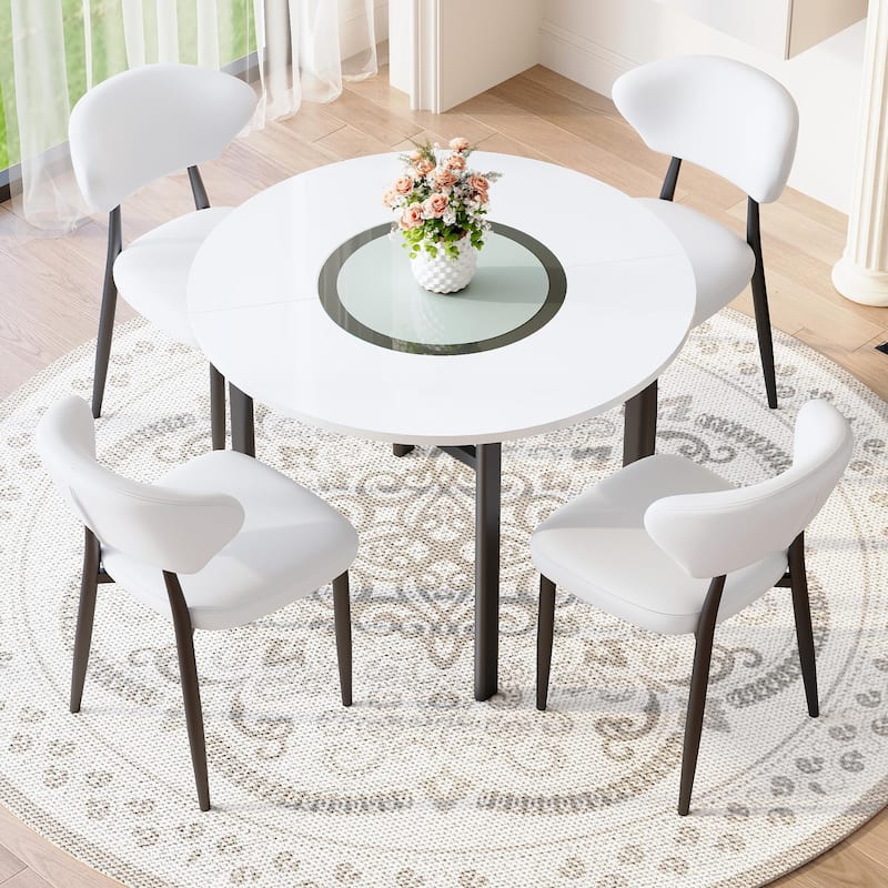 5-Piece Dining Table Set, 42" Modern Round Table with Lower Shelf, 4 Chairs, Minimalist Dining Table and Chairs Set for 4 - White