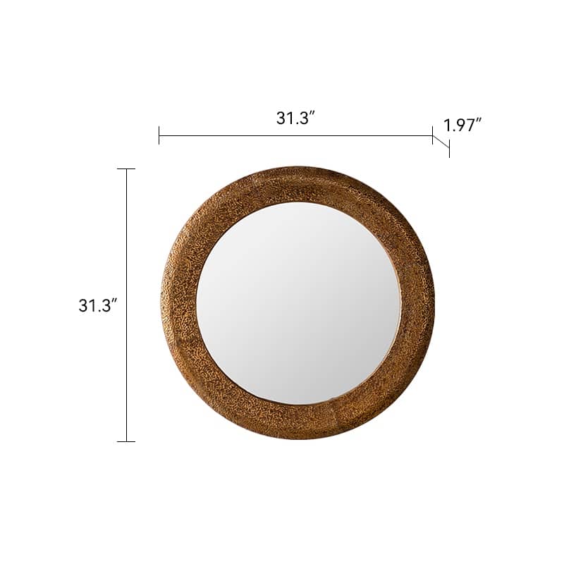 31.3" Hammered Gold Round Wall Mirror - Iron Frame & MDF Back Decorative Mirror, Rustic Accent Mirror - Golden