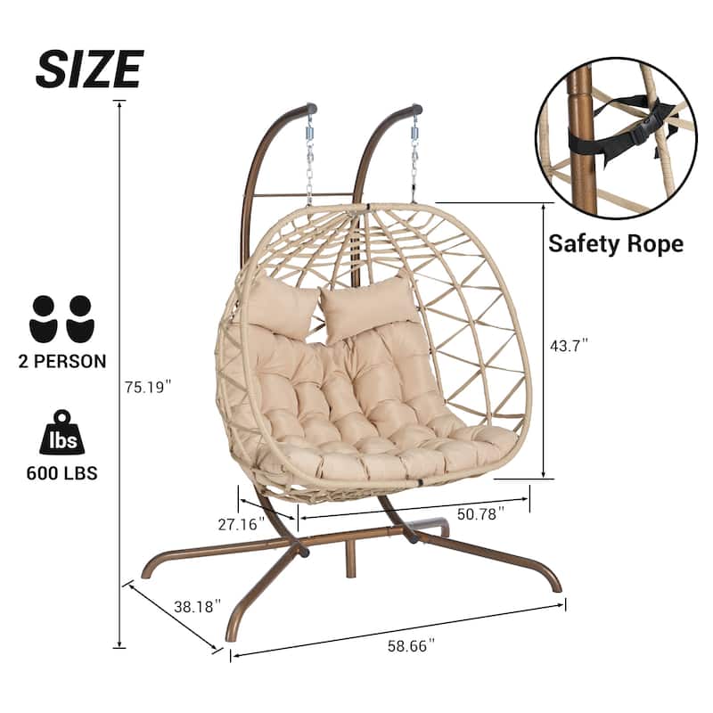 Double Rattan Egg Chair with Stand and UV-Resistant Cushions and Iron Frame - Outdoor Hanging Swing (600lb Capacity)