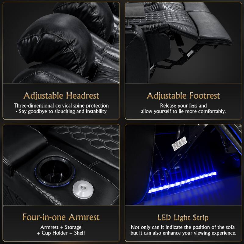 Roomfitters 155.5" Power Recliner 5-Piece Set, Top-Grain Nappa Leather, 27-Color RGB LED & USB-C Charging, Black