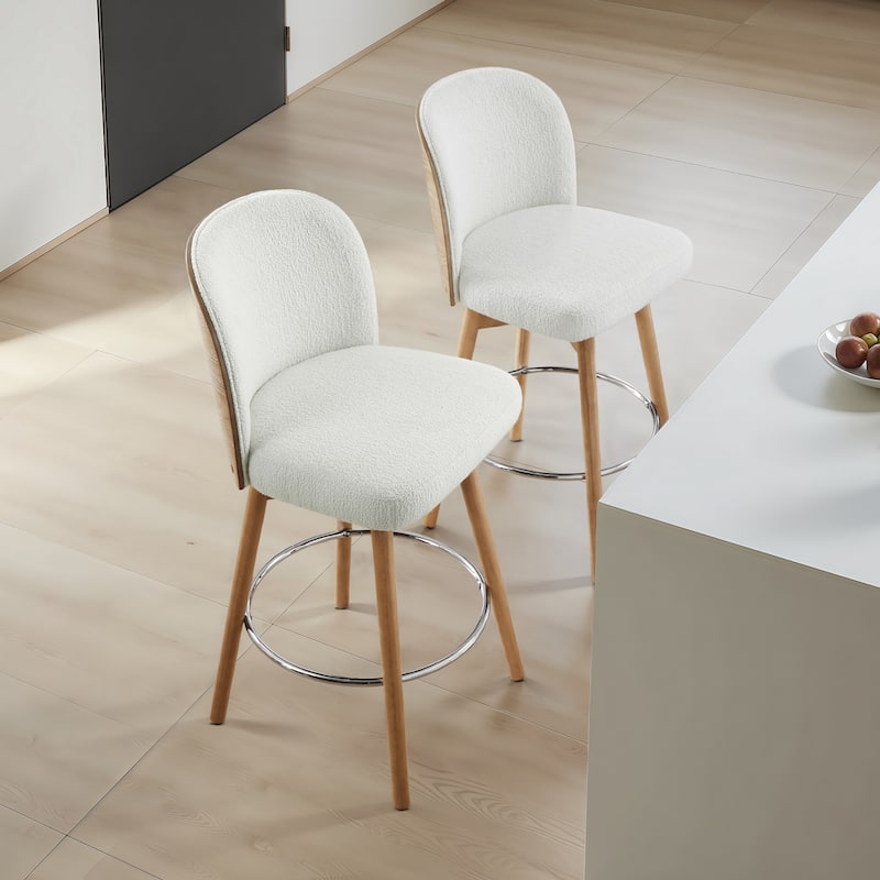 Tomlin Bentwood Upholstered Swivel Counter Stool Set Of 2 Off White Boucle