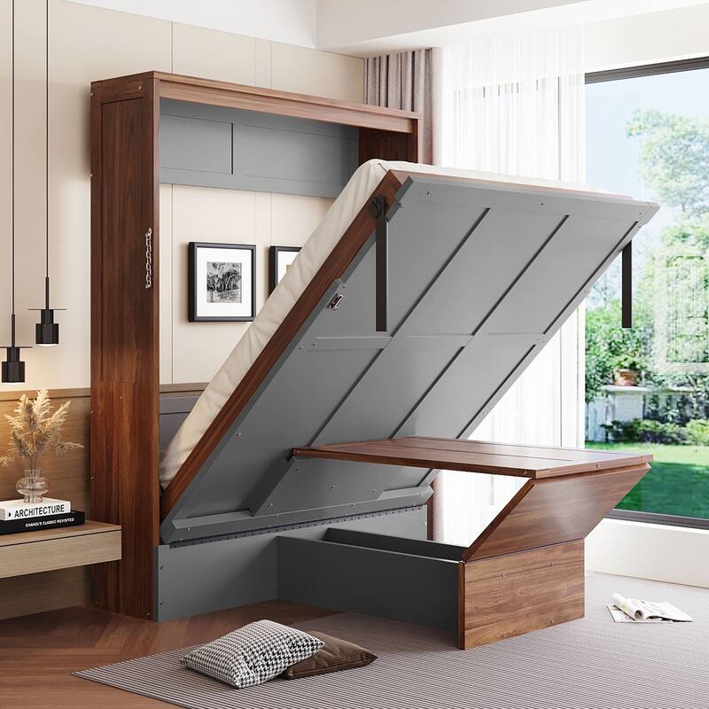 Roomfitters Full Size Murphy Bed Wall Bed with Foldable Desk, Space-Saving Convertible Bed Frame - Gray - Full