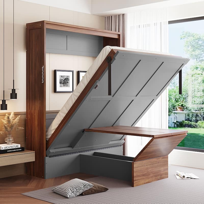 Space-Saving Full Size Murphy Bed with Foldable Desk in Walnut & Gray - Gray