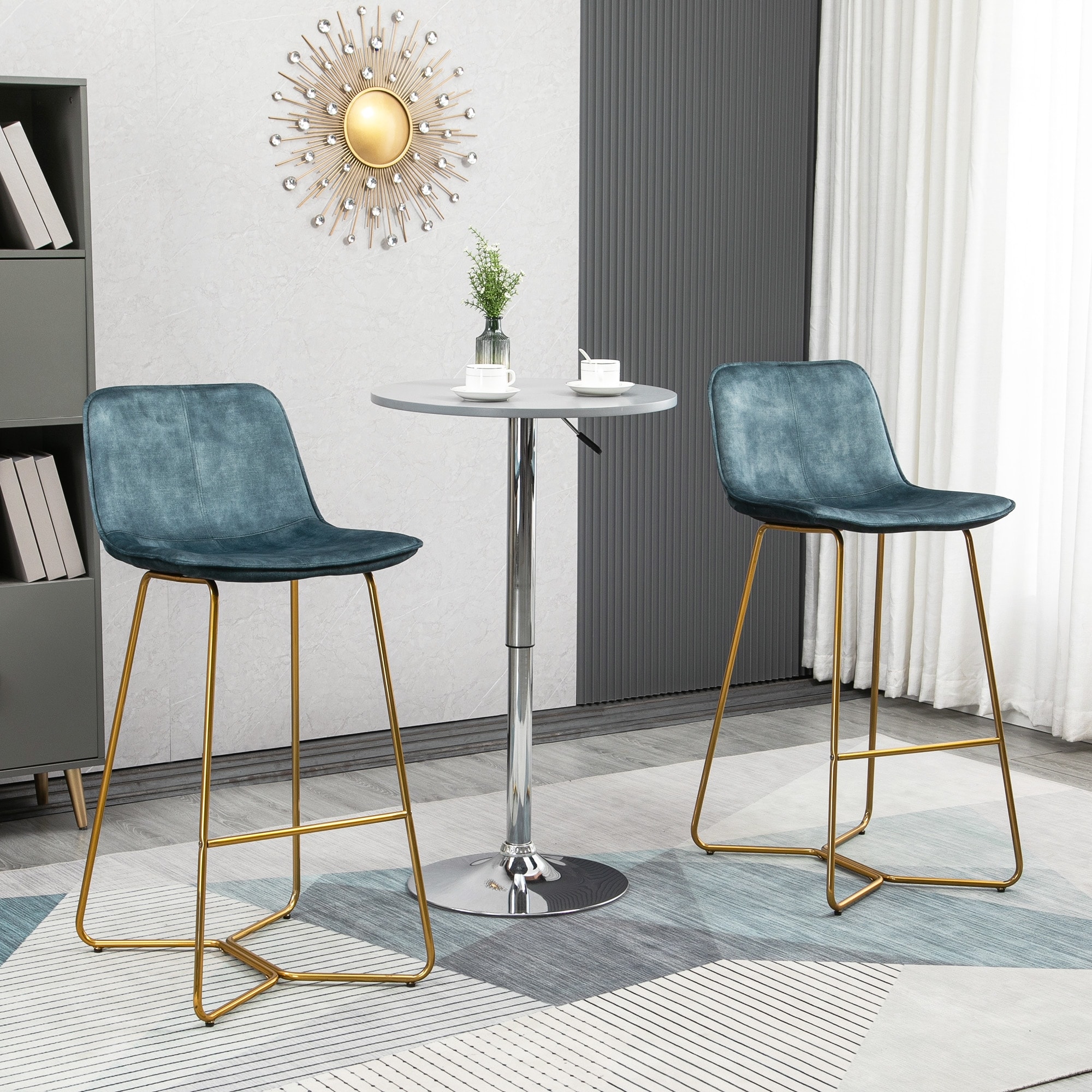 HOMCOM Tall Bar Stools Set of 2 Velvet Touch Fabric Bar Chairs Bar Stools with Gold Tone Metal Legs for Dining Area