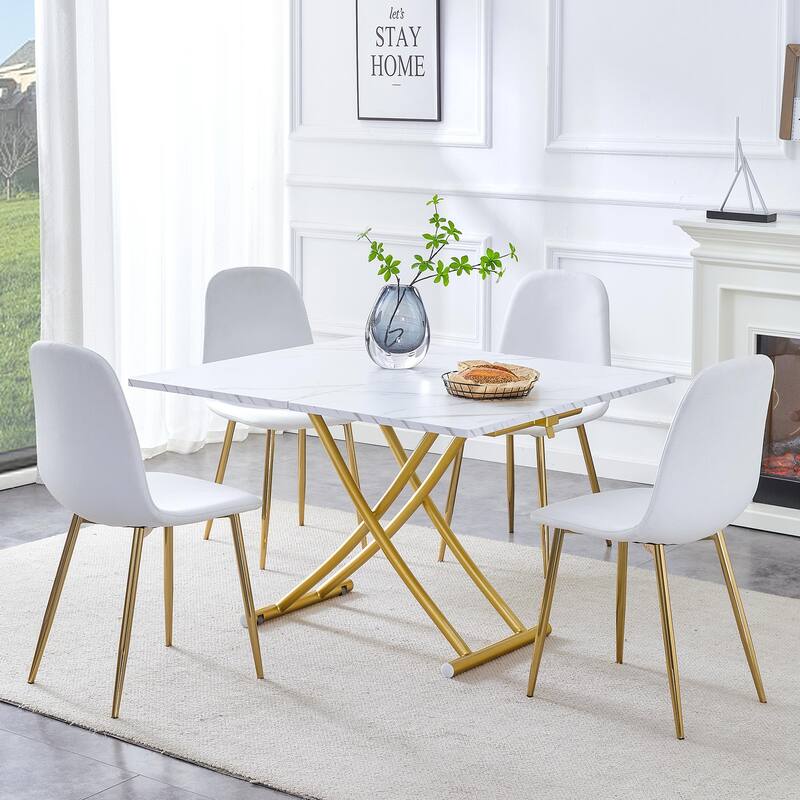 Modern multifunctional lifting platform, wood textured sticker MDF desktop, metal legs. with 4 dining chairs