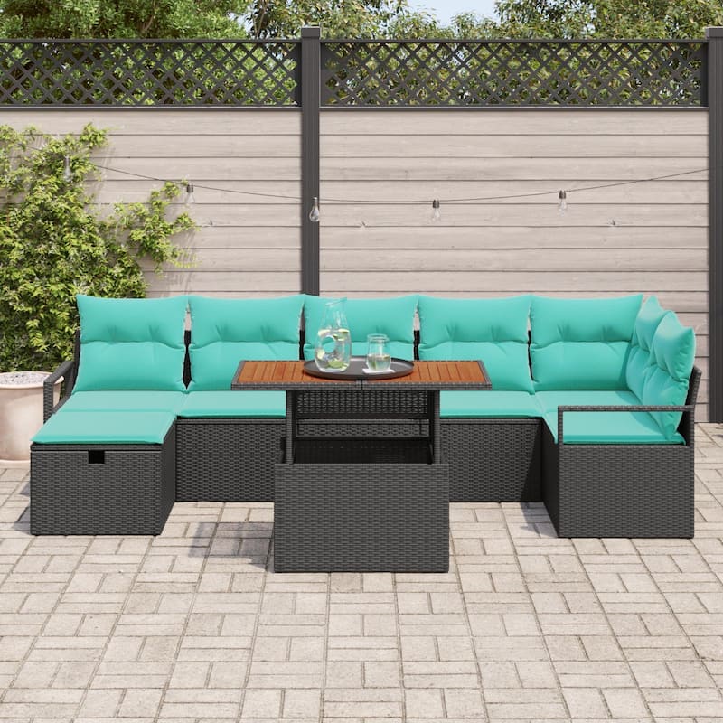 vidaXL 8 Garden Sofa Set with Cushions Black/Grey Poly Rattan - 113 x 48 x 27.2