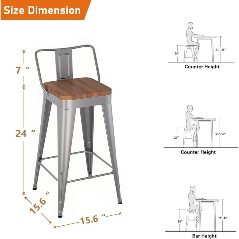 Counter Stools with Metal Frame Counter Height Bar stools with Low Back 24" Kitchen Bar Furniture Stools with Wooden Seat