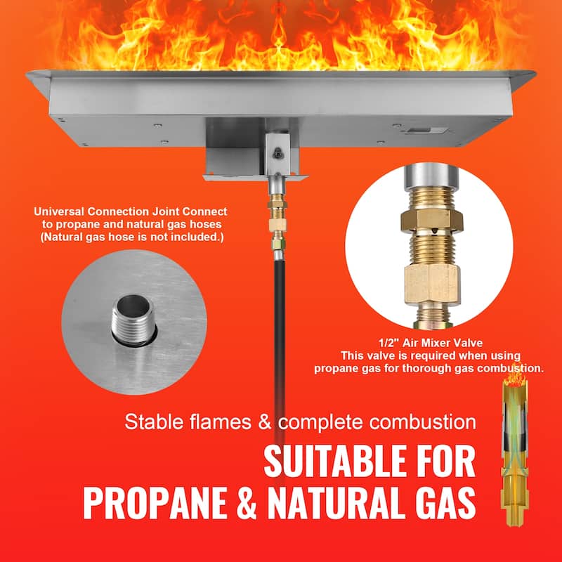 VEVOR 24x8 30x10 & 36x12 inch Rectangular Fire Pit Pan Stainless Steel 120,000 to 150,000 BTU for Indoor Outdoor