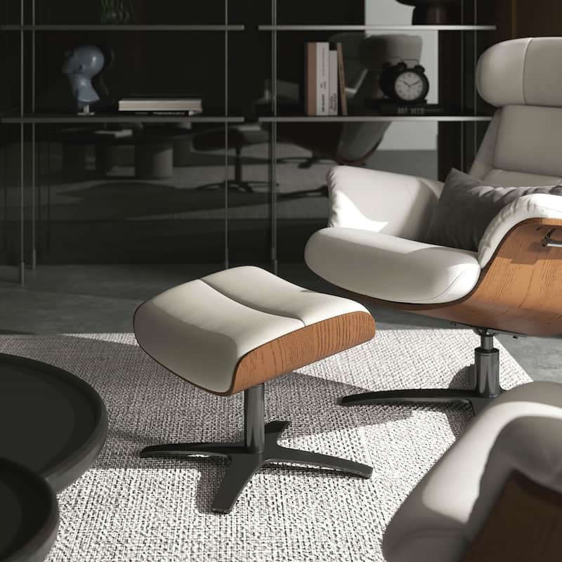 Jovan 20.5" Mid-Century Modern Genuine Leather Footstool Ottoman