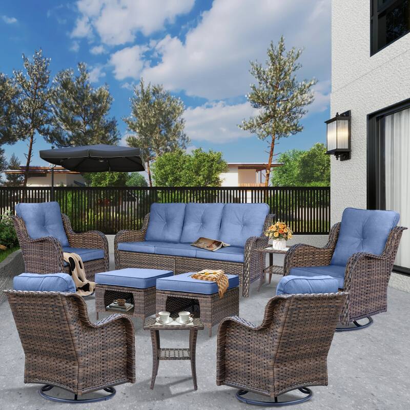 Wicker Outdoor Patio Conversation Seating Sets with Swivel Rocker Chairs - 9 Piece - Denim Blue