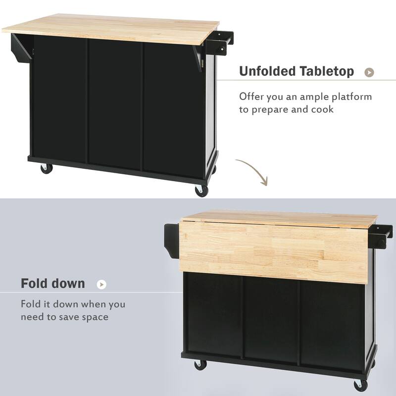 Kitchen Cart with Rubber Wood Drop-Leaf Countertop, Storage Cabinet, 3 Drawers & 5 Wheels