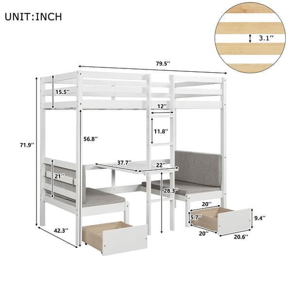 White Twin Solid Wood Loft Bed with Desk, Drawers, Guardrails, and Cushions