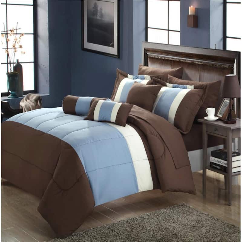Chic Home Serenity Colorblock Microfiber 10-piece Comforter Set - Brown/Blue - Queen