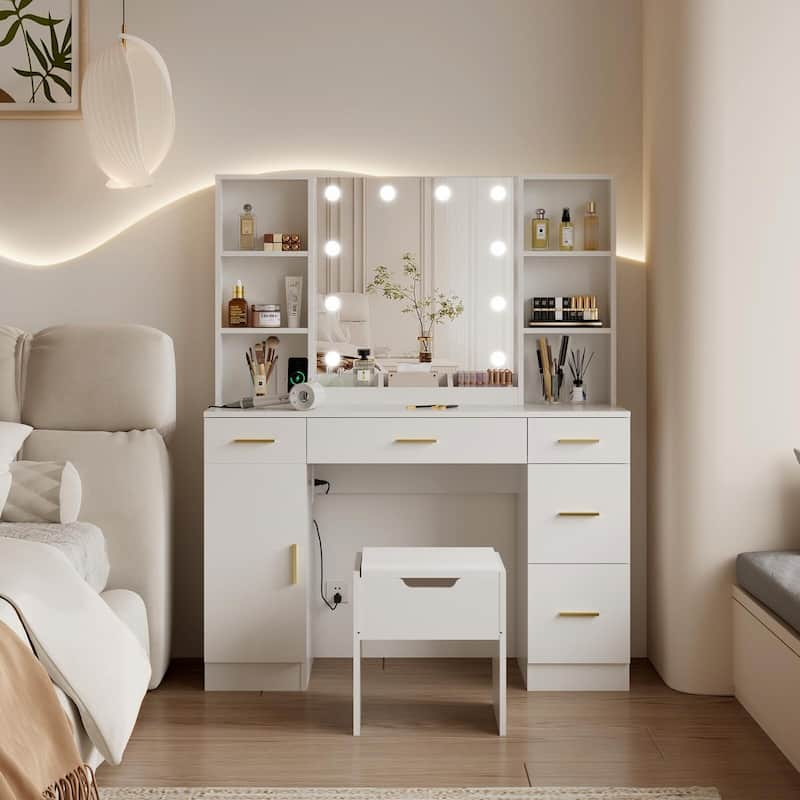 Vanity Desk with Led Lighted Mirror - White