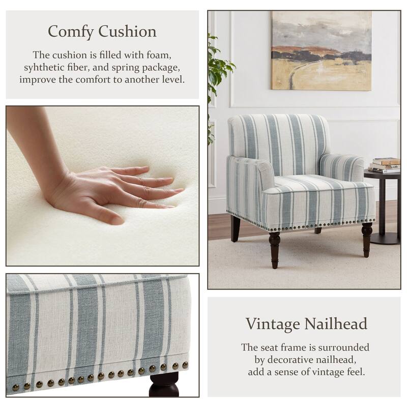 Striped Upholstered Linen Armchair with Brass Nailhead Trim