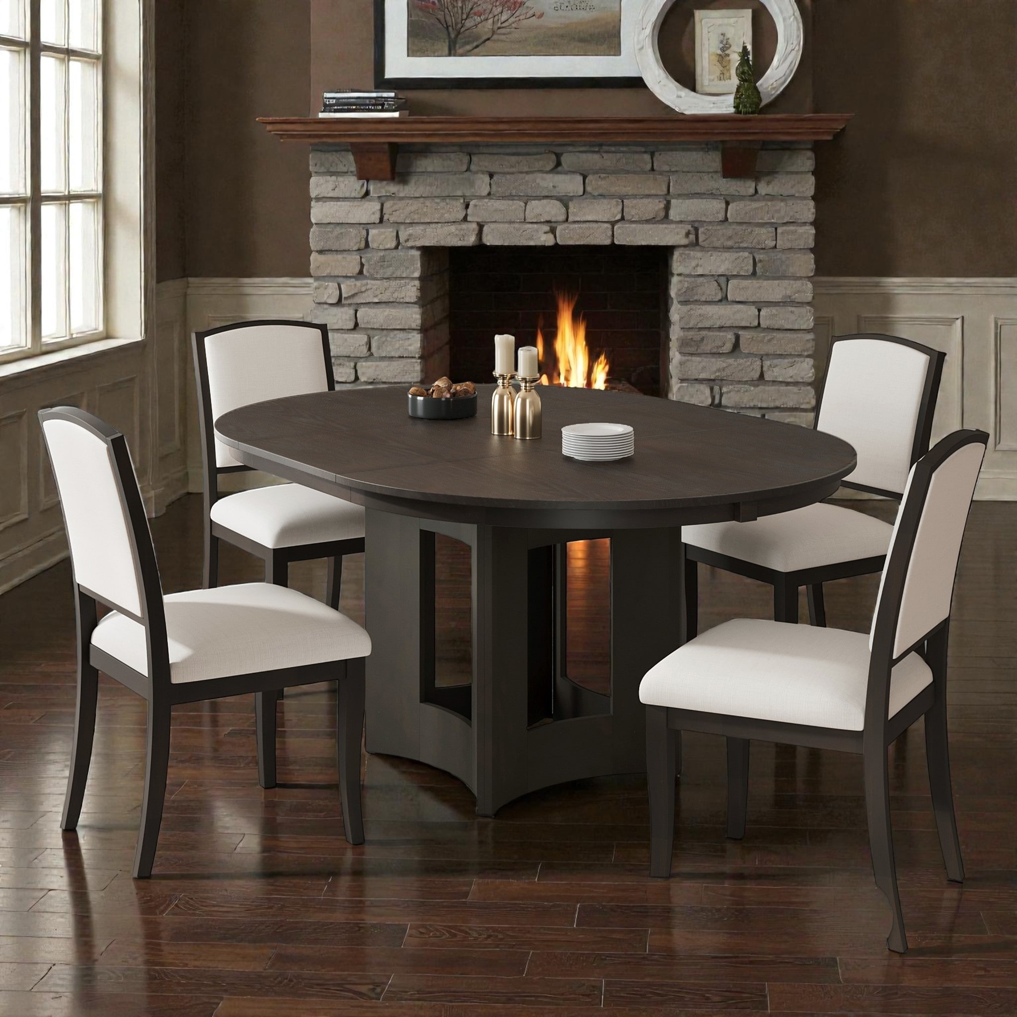 5-Piece Farmhouse Extendable Round Dining Table Set with 16" Leaf and 4 Upholstered Chairs for Small Spaces