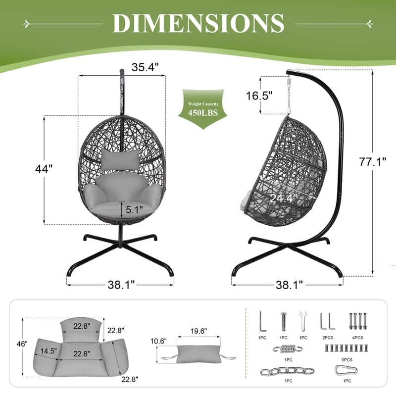 Oversized Outdoor Egg Chair with Stand, 450lbs Capacity Wicker Hanging Swing Chair, Extra Large Patio Lounge Chair with Cushions