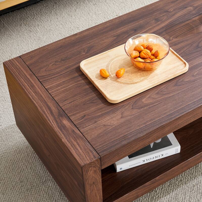 A modern minimalist wood-colored rectangular coffee table embodies the simple charm of mid-century aesthetics