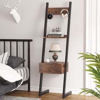 Nightstand, Retro Tall Bedside Table with 3 Hooks and Shelf, 3-in